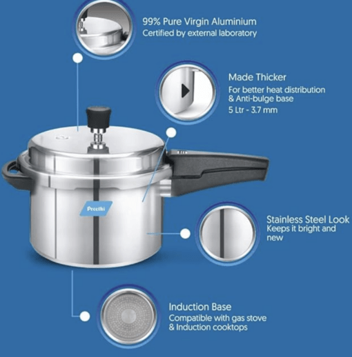 Preethi Aluminium Outer Lid Pressure Cooker Non Induction Base, 5 Litres - Image 2